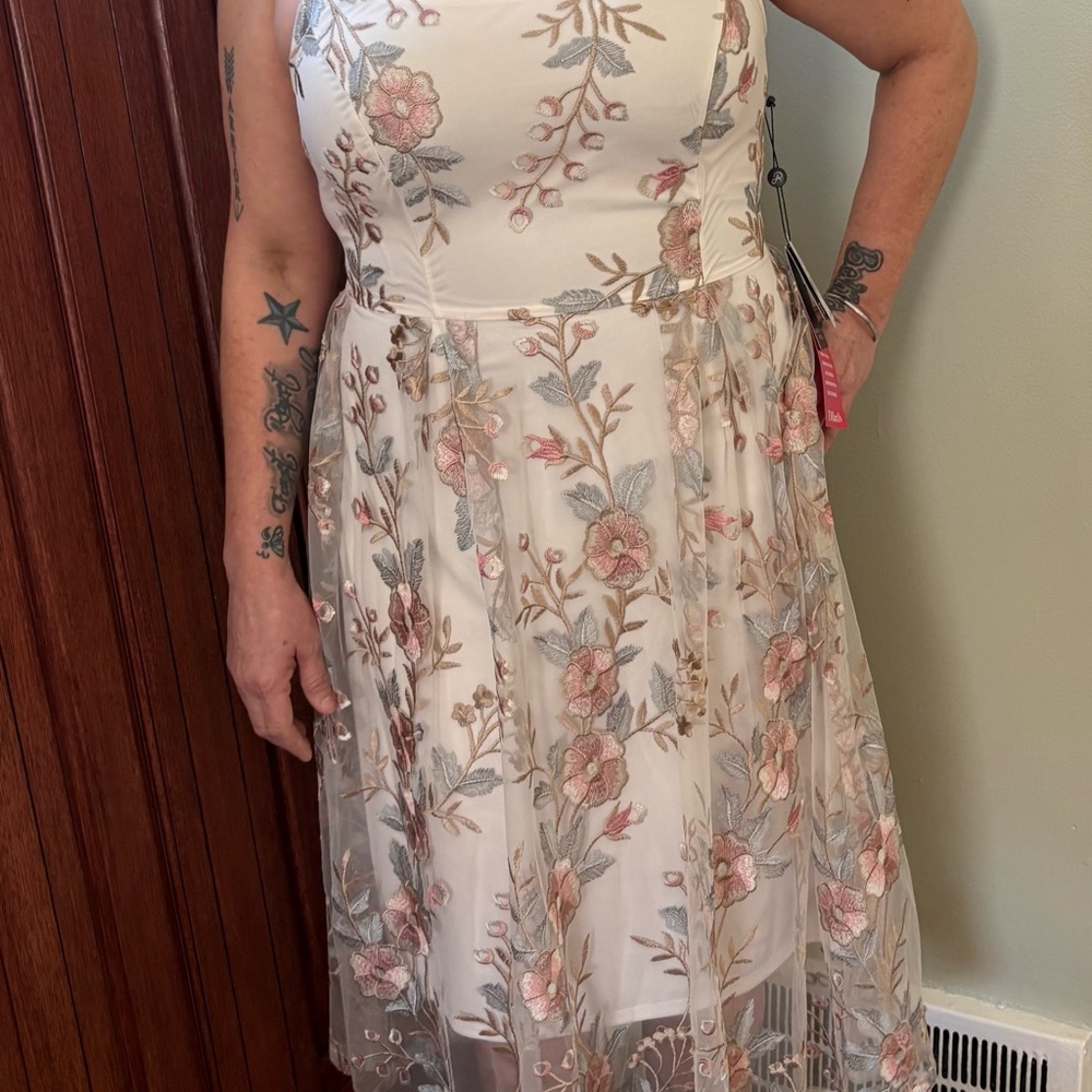 Adrianna Papell Ivory Midi Dress with Pink Floral Embroidery